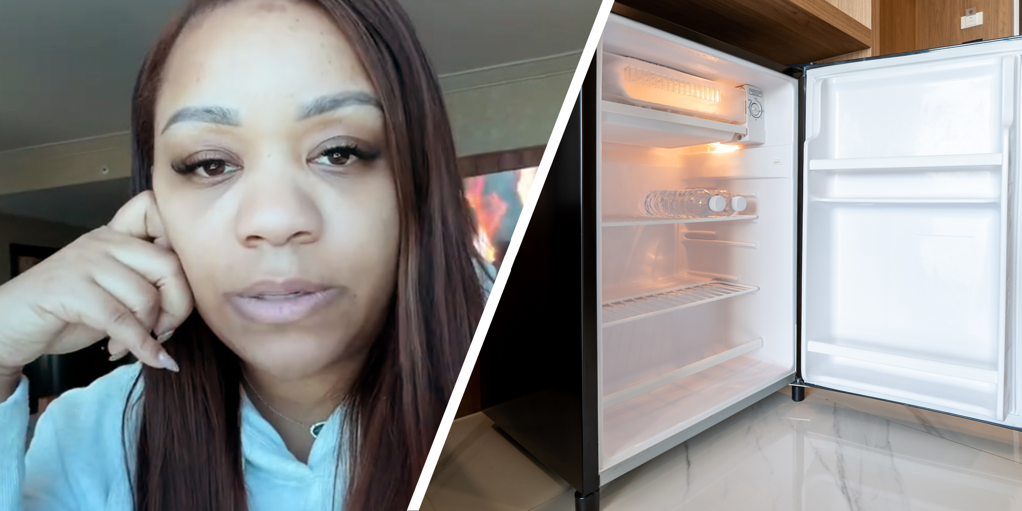 Woman talking(l), Mini fridge(r)