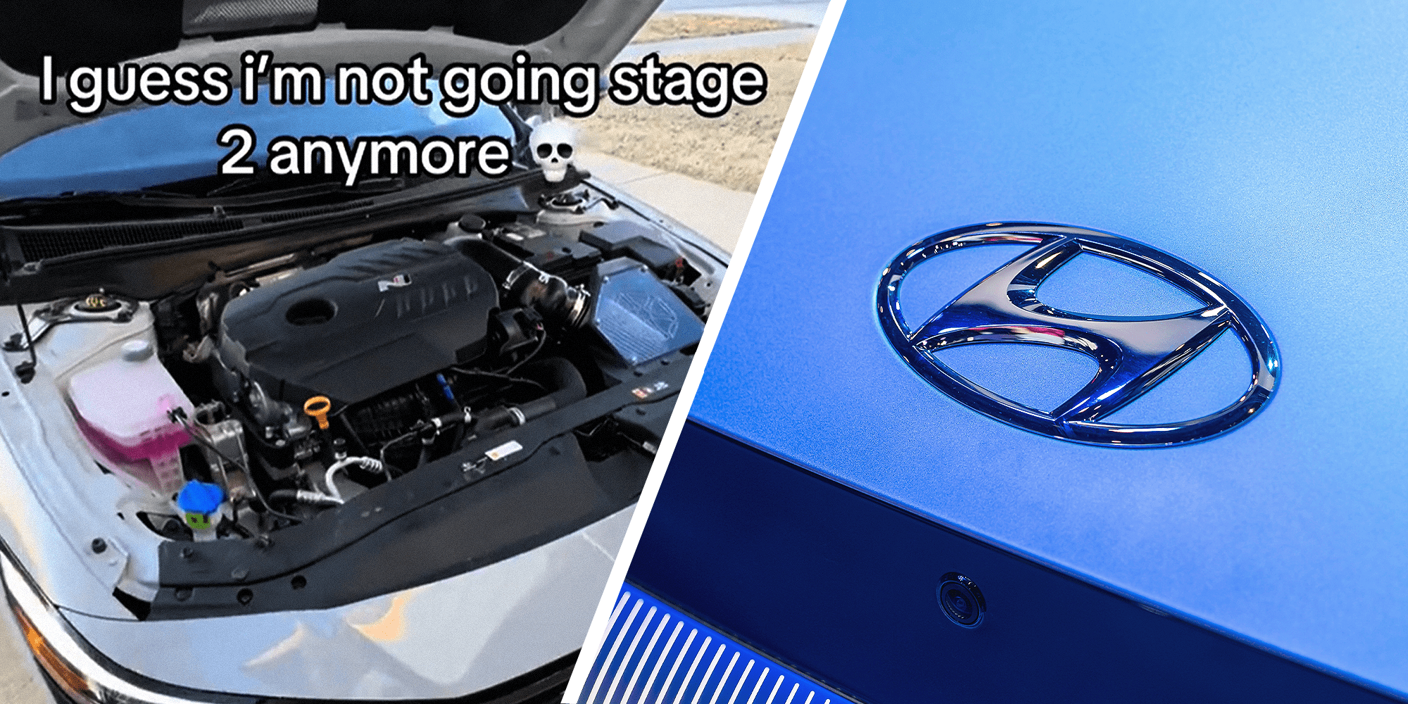Slant split image, TikTok screengrab with text: "I guess I'm not going stage 2 anymore" on the left. Image of Hyundai logo on a car on the right.