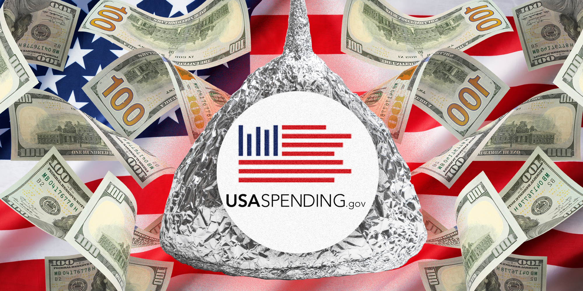 Tinfoil hat with USASpending.gov logo and money over us flag