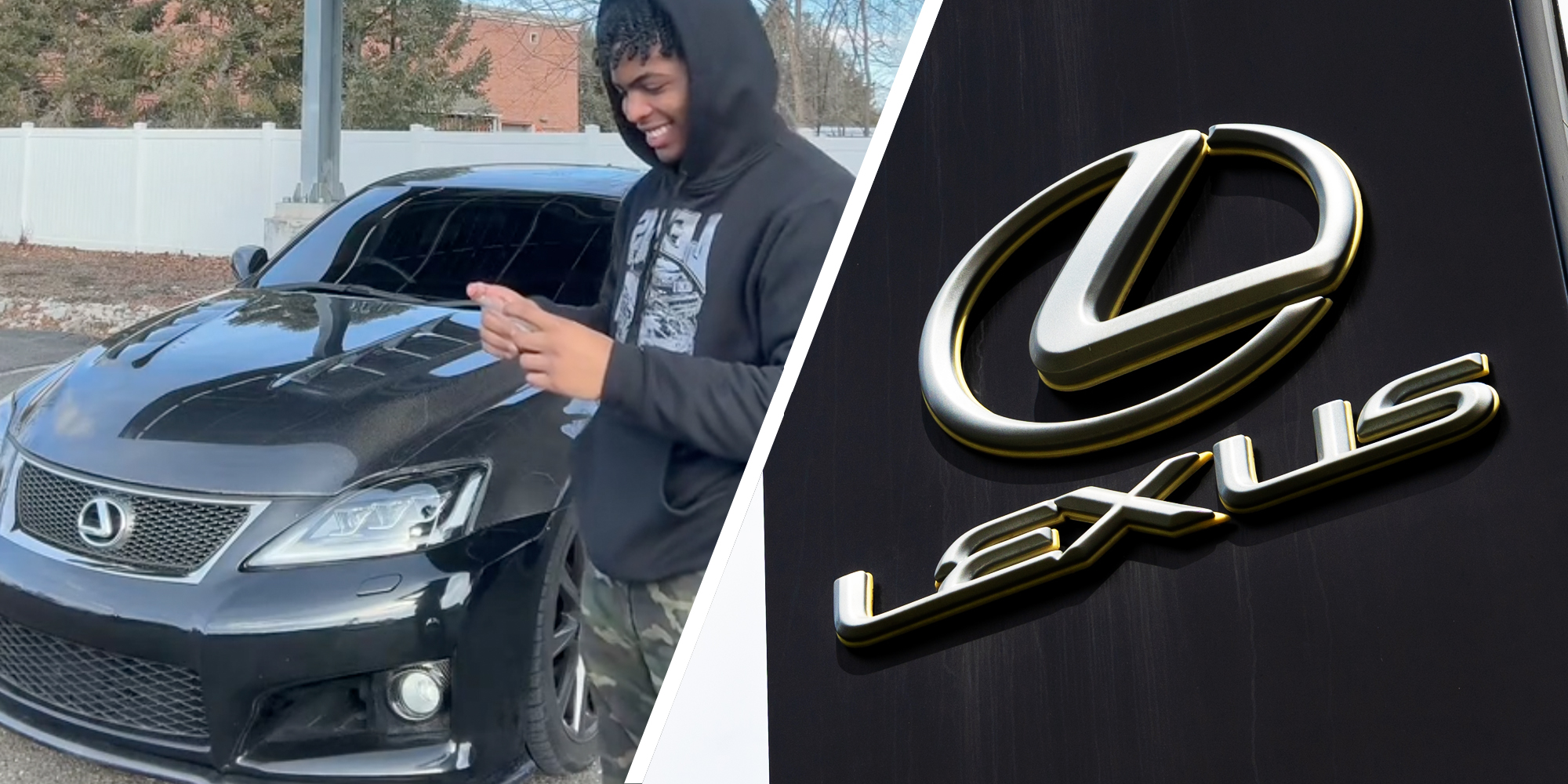 Man with lexus(l), Lexus logo(r)