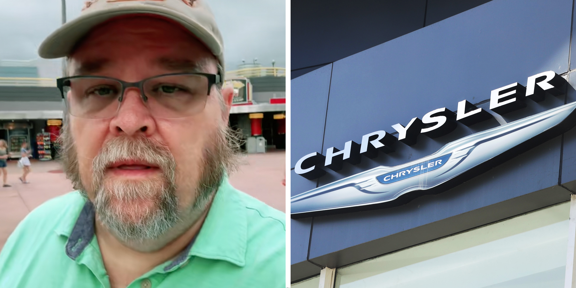 Man talking(l), Chrysler dealership(r)