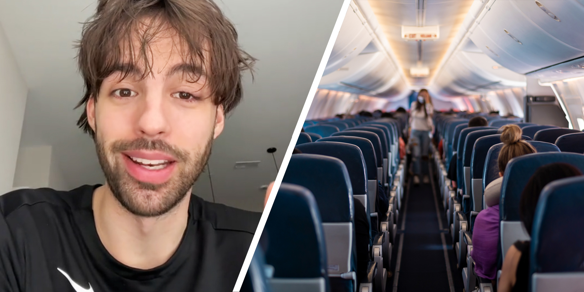 Man talking(l), Airplane interior(r)