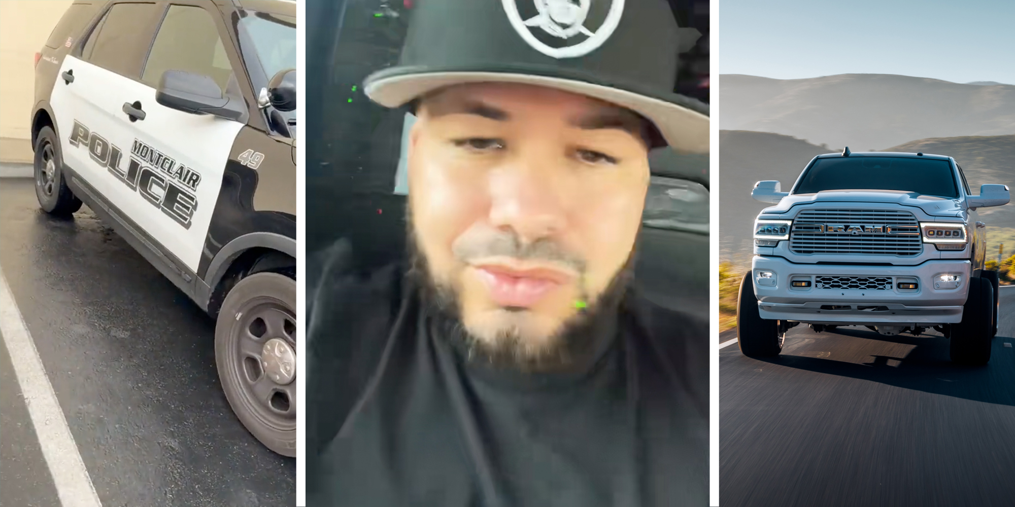 Police car(l), Man talking(c), Dodge Ram(r)