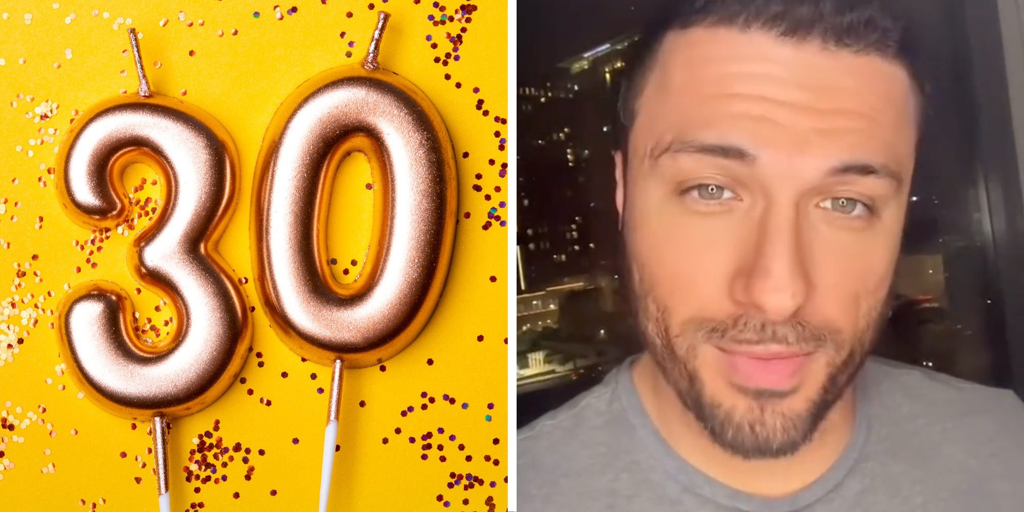 30 balloons and glitter(l), Man talking(r)