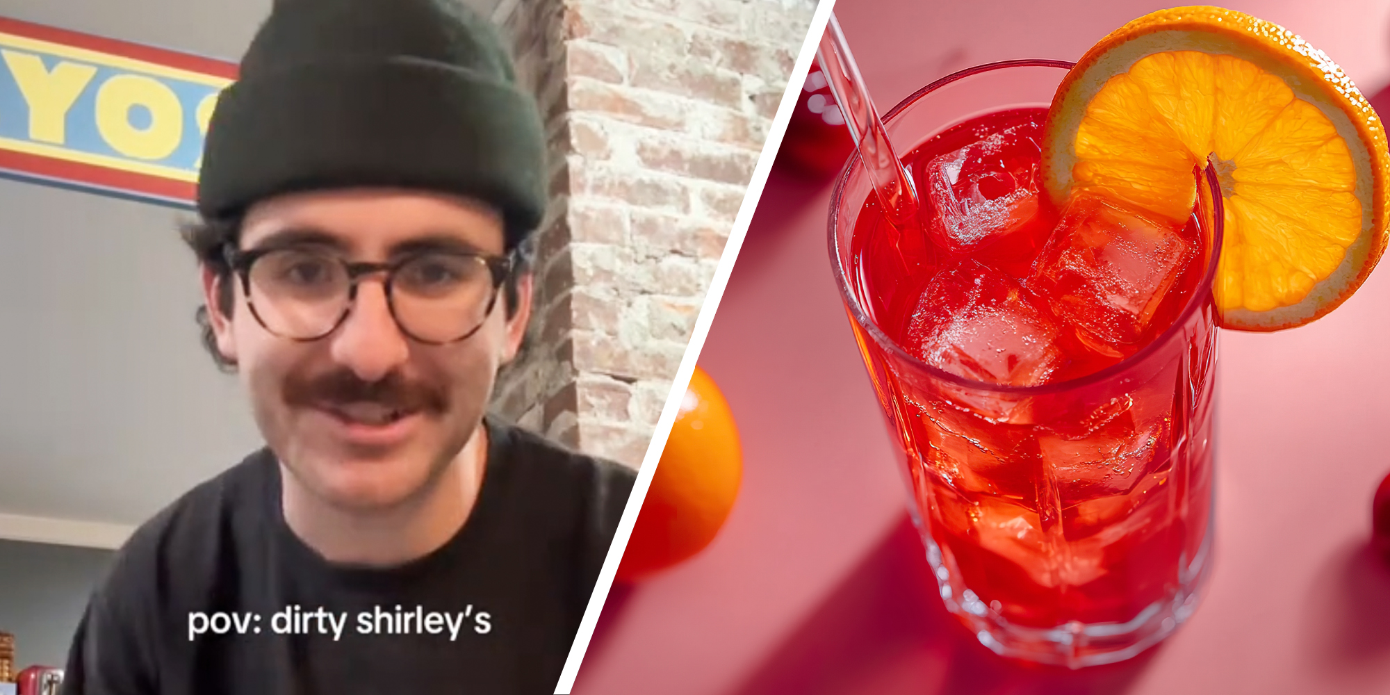 Man talking with text "pov: dirty shirley's"(l), Shirley temple(r)