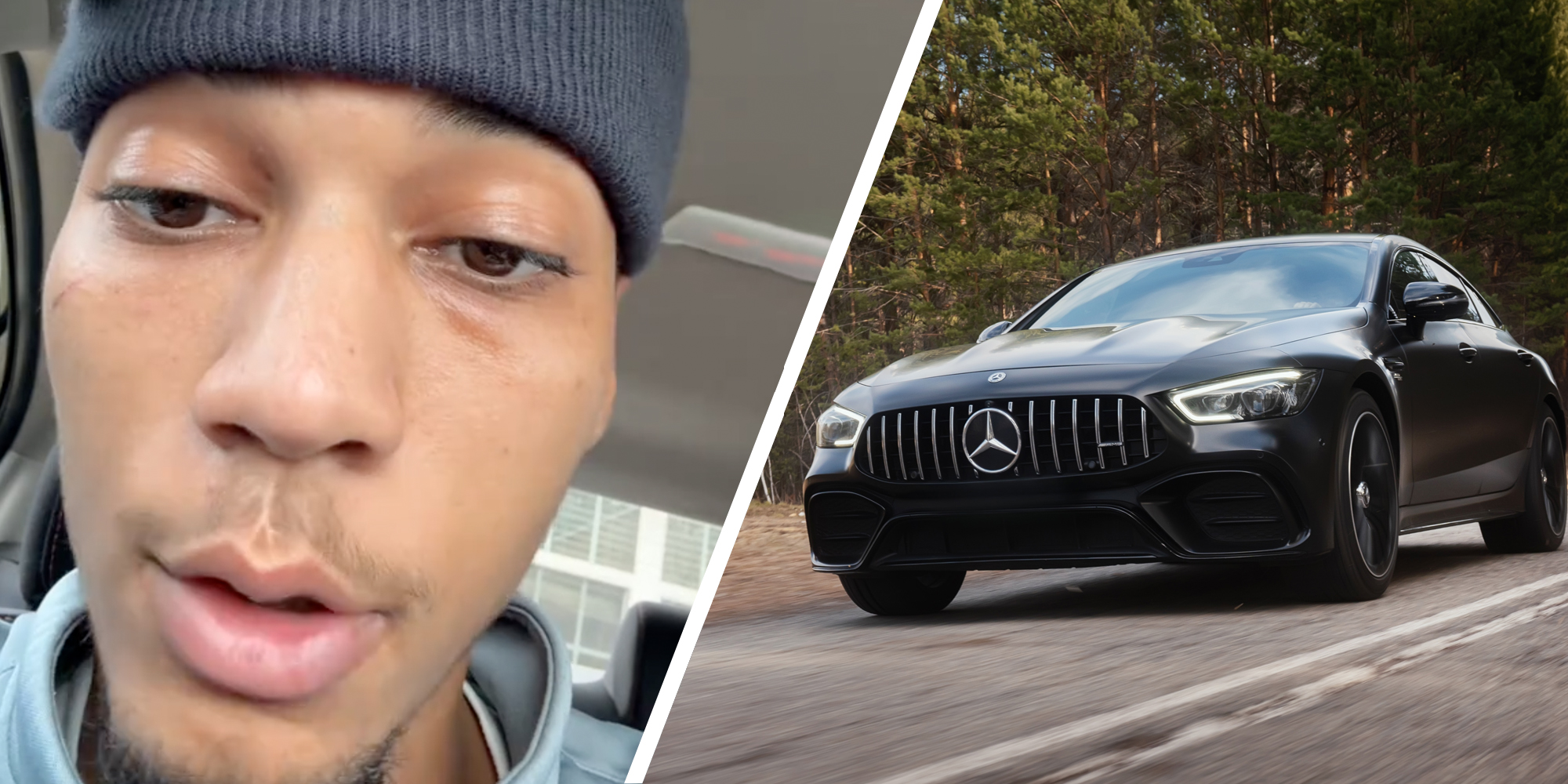 Man talking(l), Mercedes Benz on the road(r)