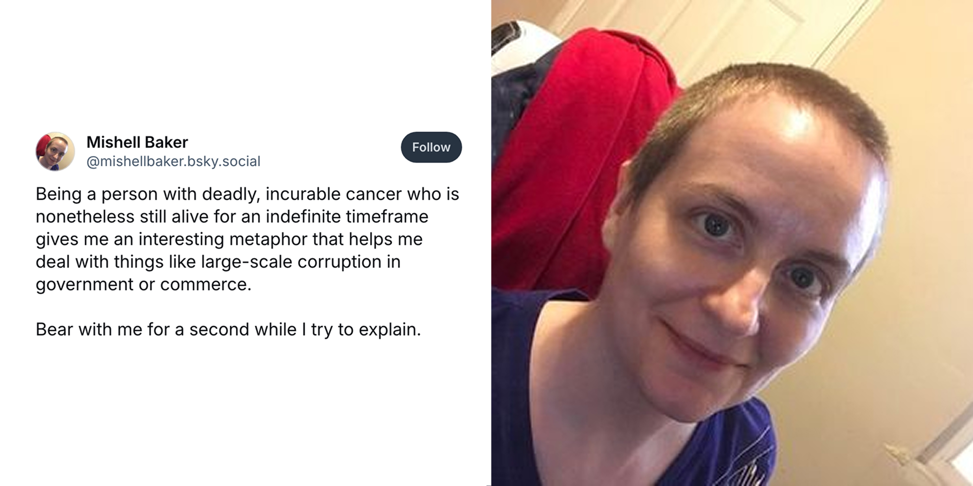 2 panel image: on the left is a Bluesky post and on the right is a person.