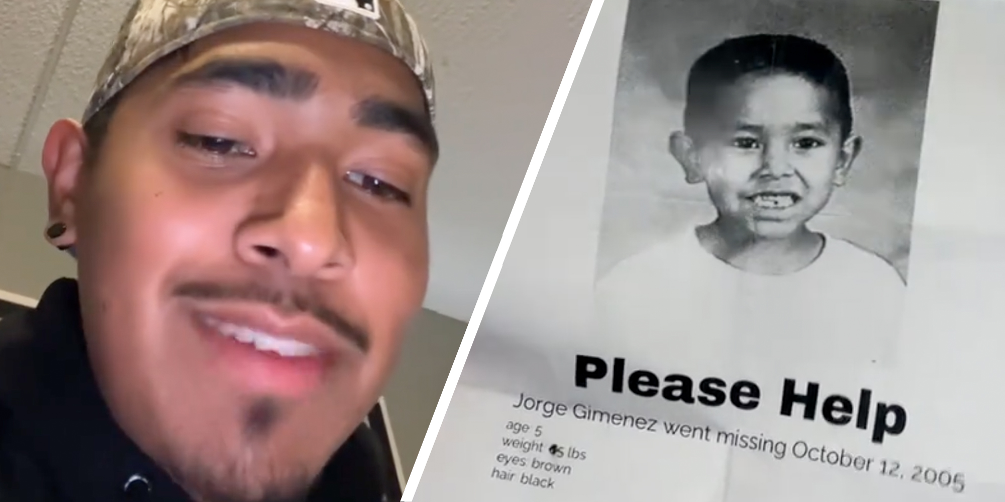 Man talking(l), Missing poster(r)