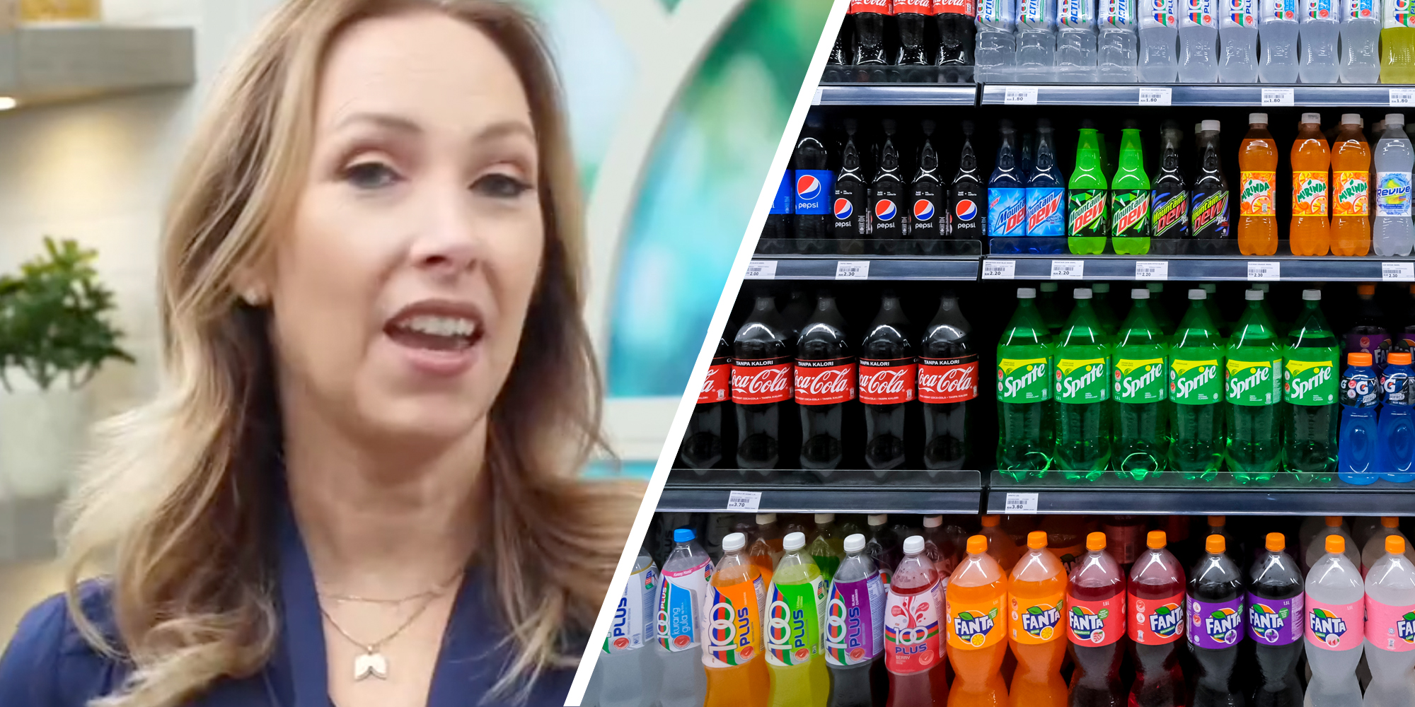 Woman talking(l), Different drinks in grocery refridgerator(r)