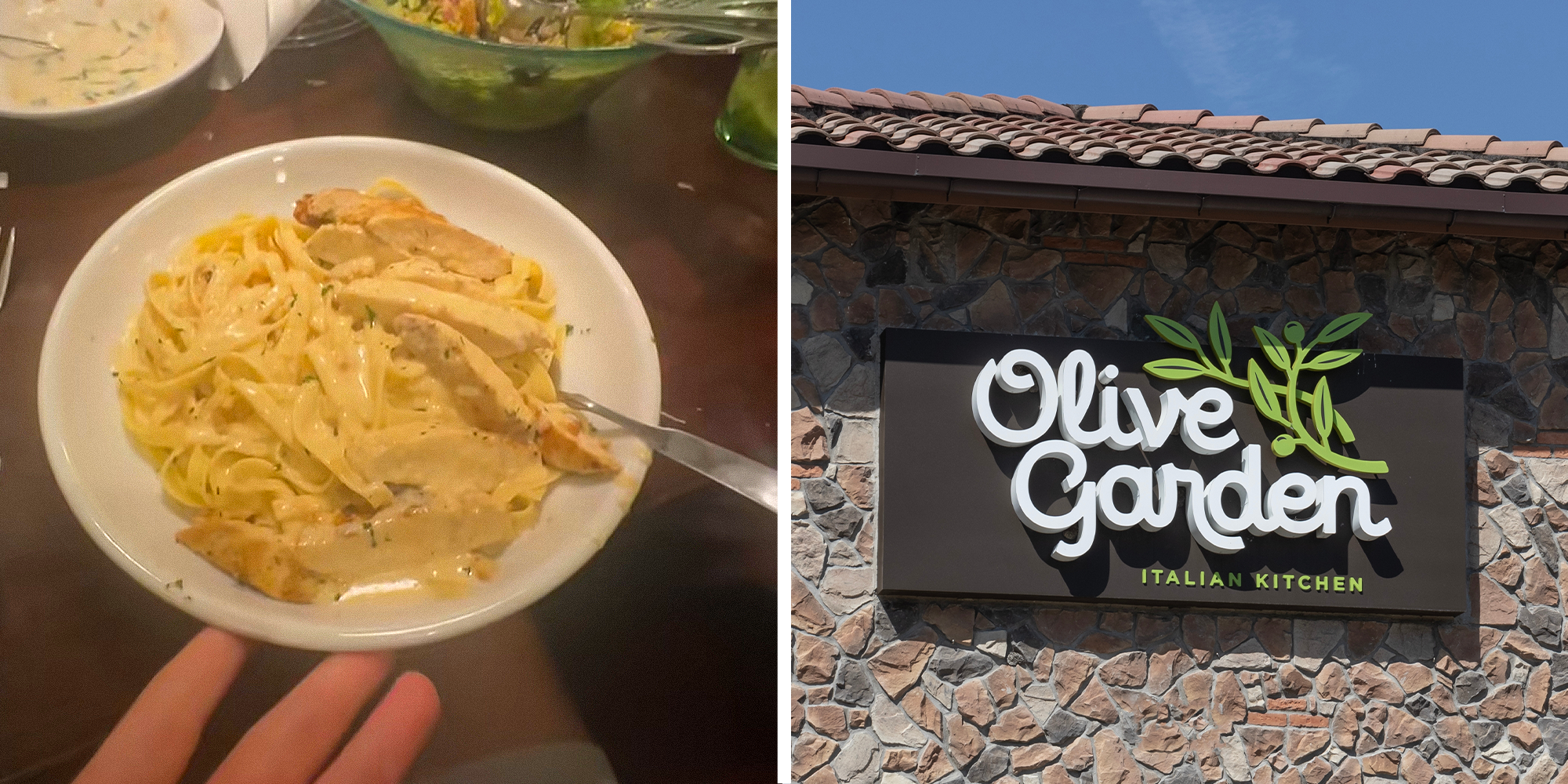 Split image, person showing their Olive Garden meal on the left. Olive Garden restaurant sign on the right.