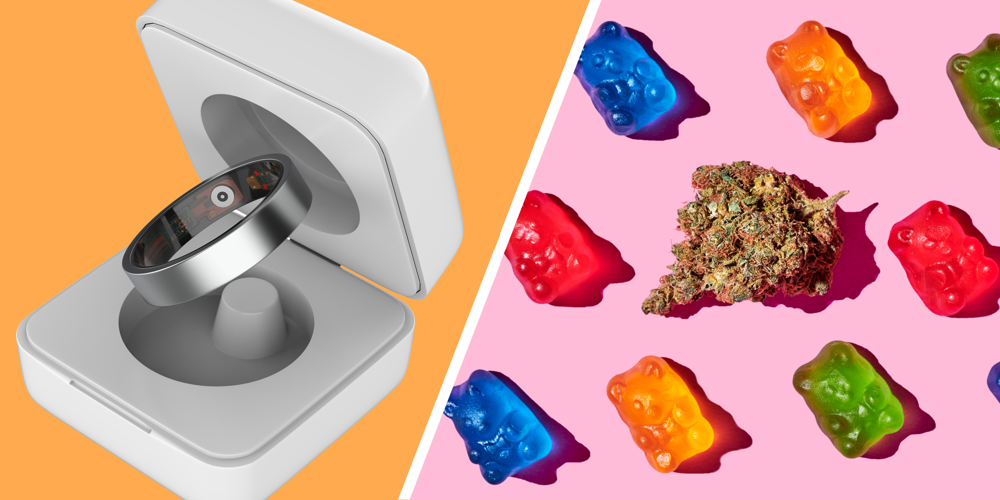 Oura Ring in box(l), Gummy bears and marijuana(r)
