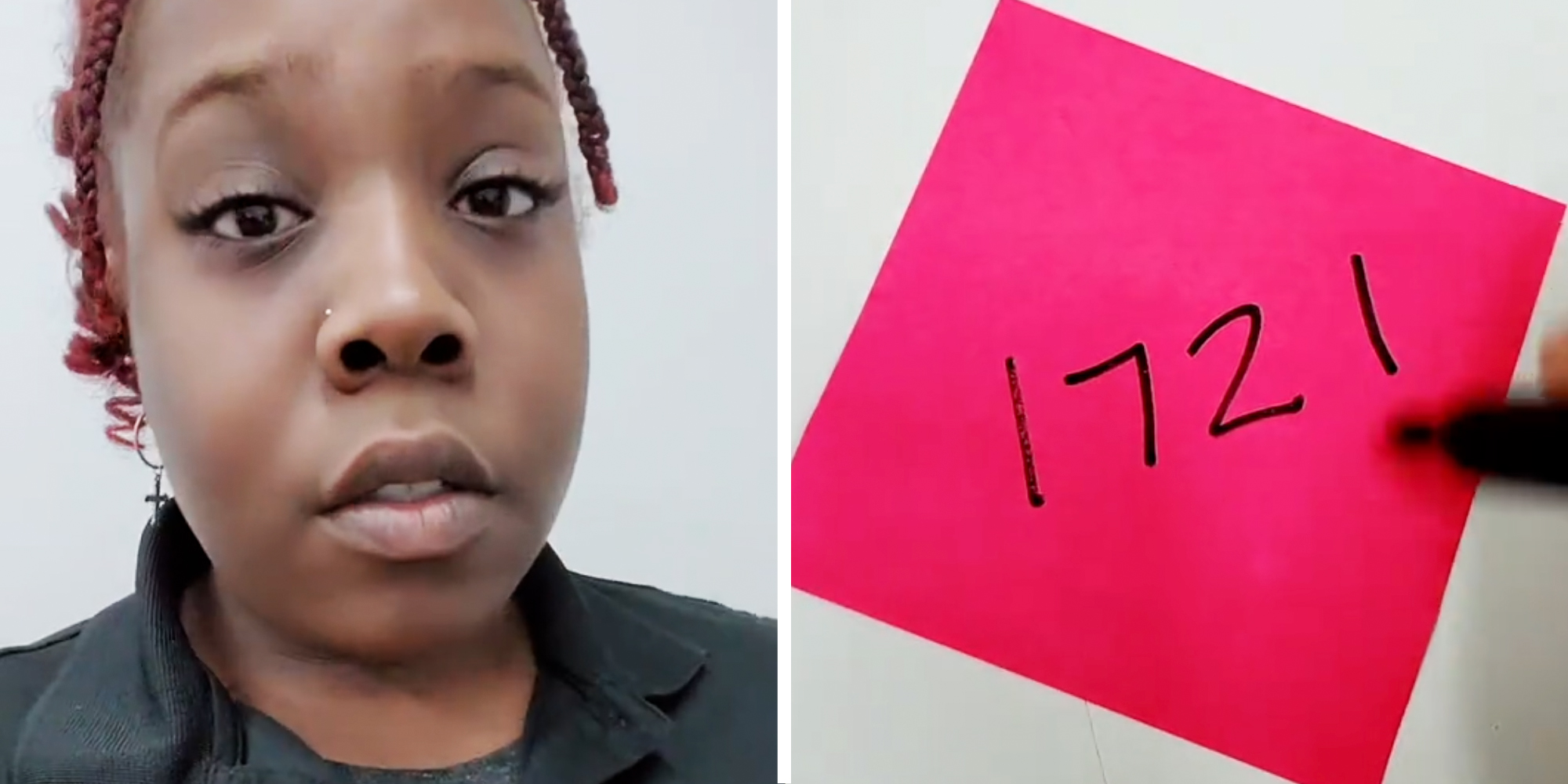 Woman talking(l), Pen writing 1721 on note(r)