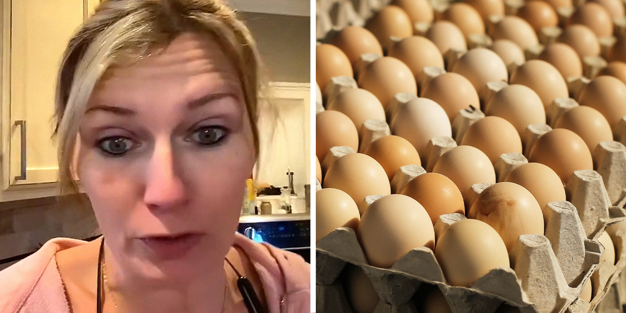 Woman explaining experience trying to give neighbor eggs from her yard on left. Eggs in carton on right.