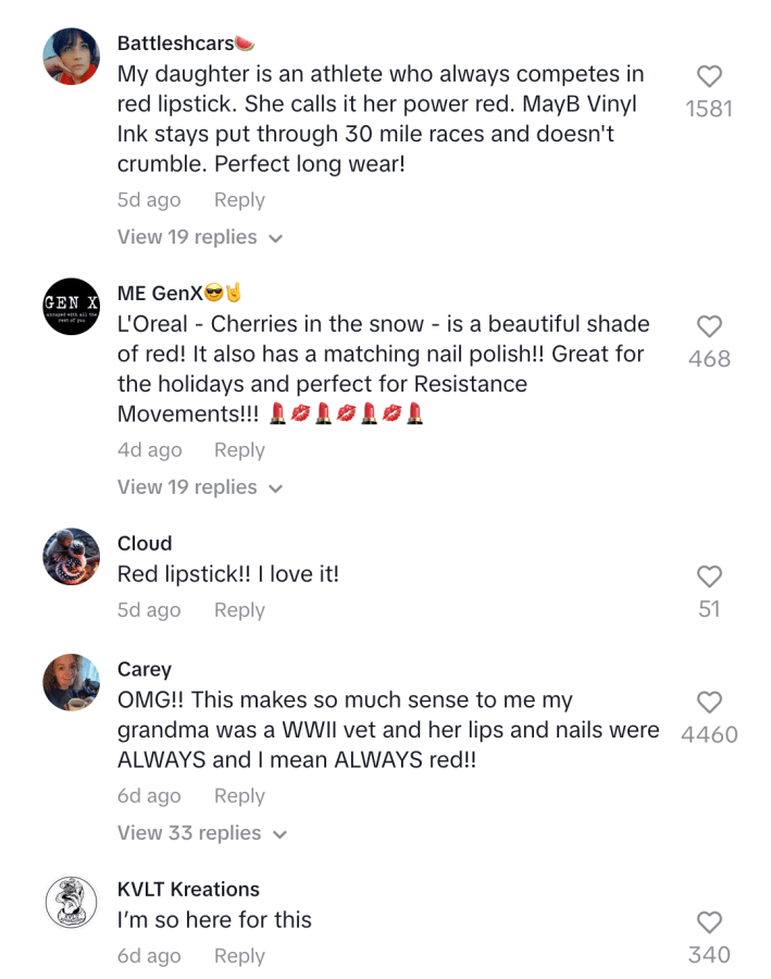 Comments on a red lipstick for resistance TikTok post