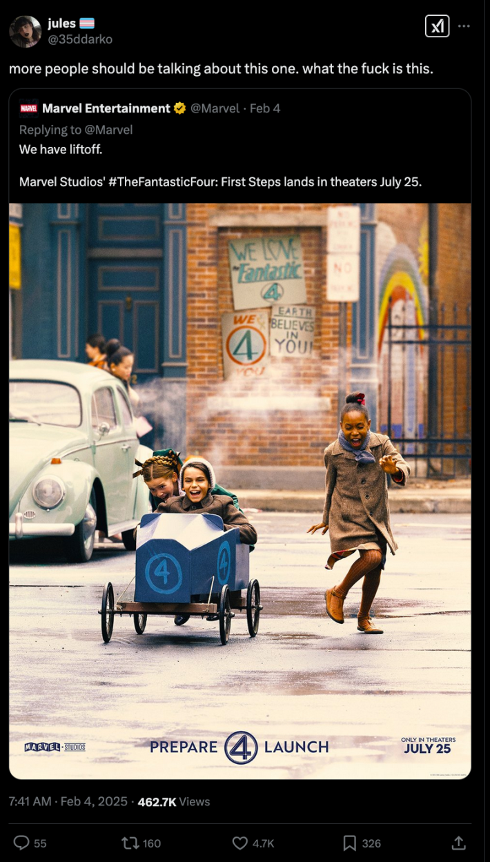 An X post about the Marvel promotional posters for Fantastic Four: First steps calling out AI