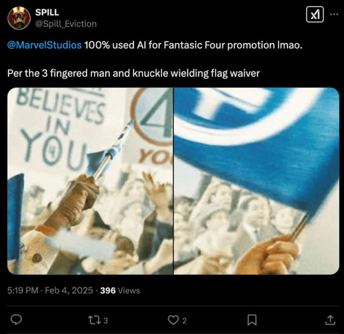 A crowd promo poster of the Fantastic Four where AI generated hands seem to hold up flags