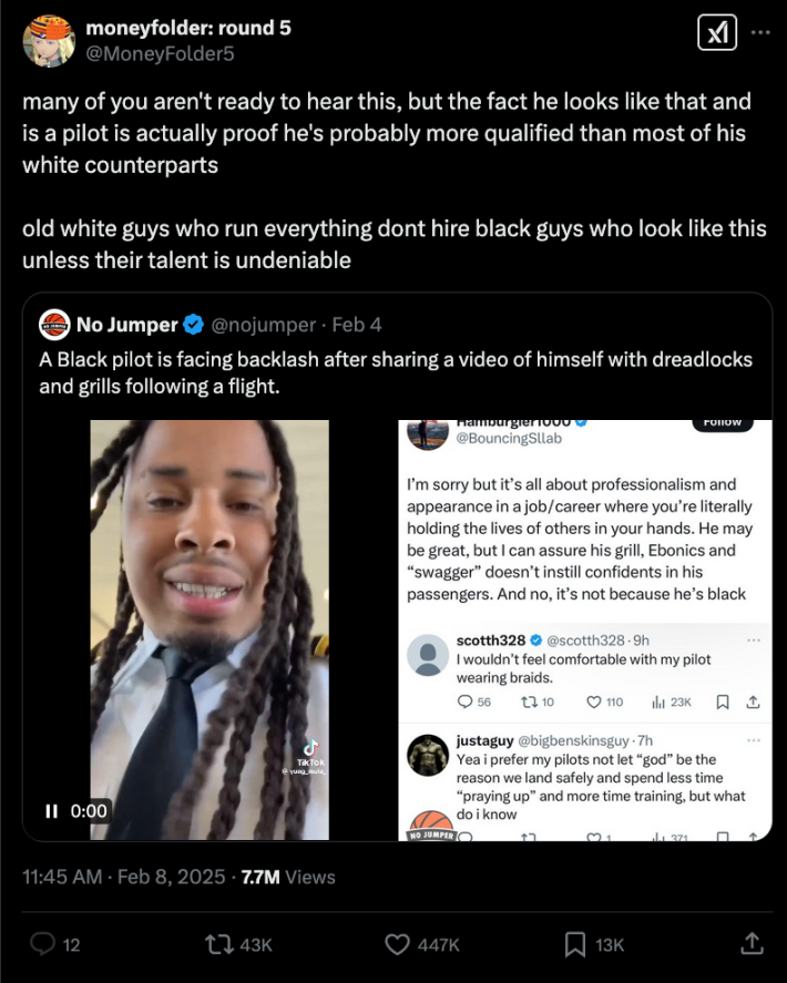 A response to an X post about not feeling comfortable flying with a pilot who has braids and a grill