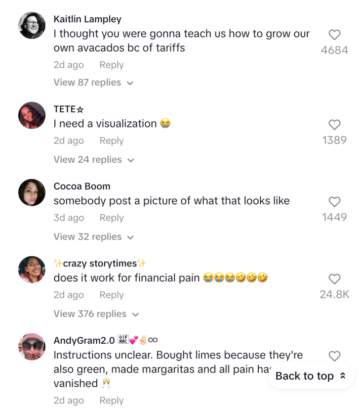 Confused comments on the woman spreading the benefits of Avocado pits and alcohol on her tiktok account