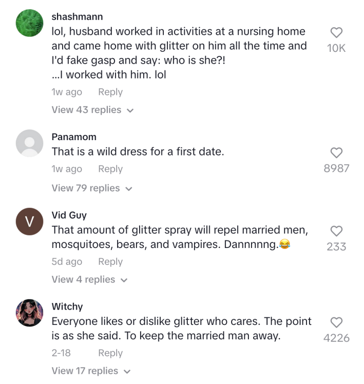 Comments on a TikTok about a woman wearing glitter on a first date