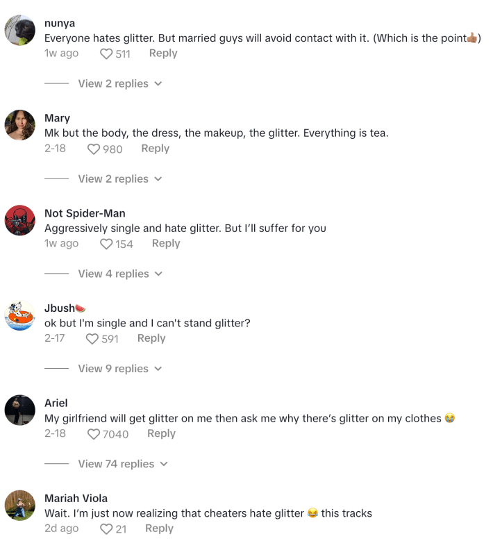Comments on a TikTok about a woman wearing glitter on a first date, and people's stances on glitter