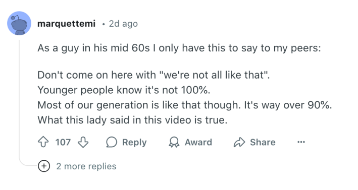 A comment by a Boomer calling out his generation