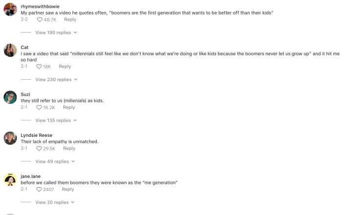 Comments on a TikTok user talking about how the "Boomer Show" has to end