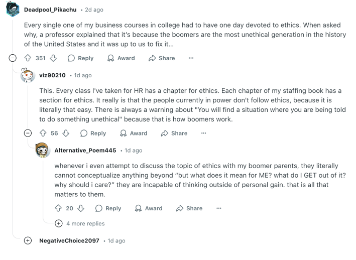 A Reddit thread about the lack of ethics Boomers have