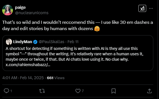 Screenshot of an X post discussing if the em dash is a sign of AI