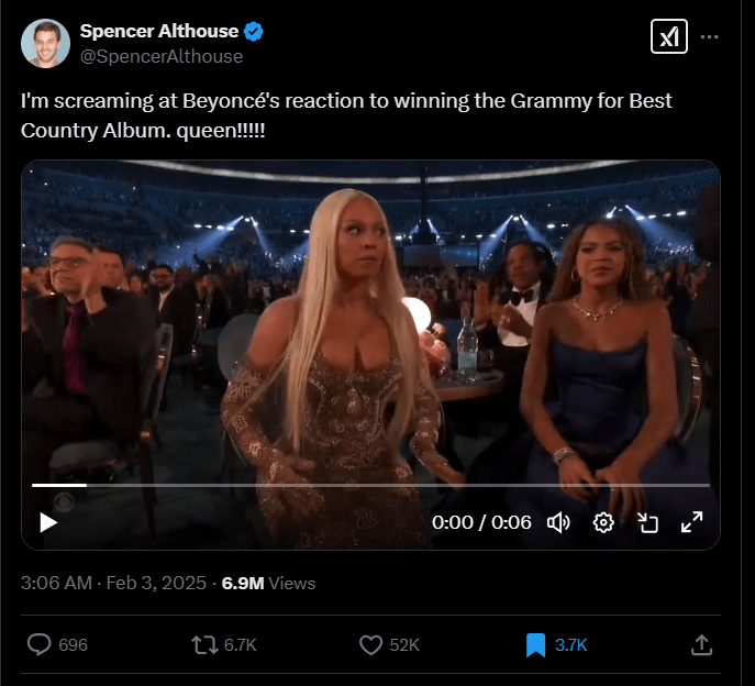 Screenshot of X post discussing beyonce grammys meme