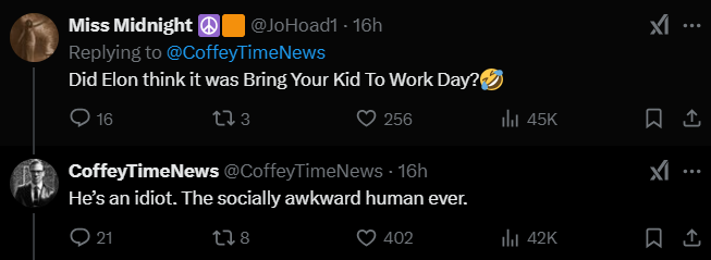 Screenshot from X discussing elon musk son in oval office