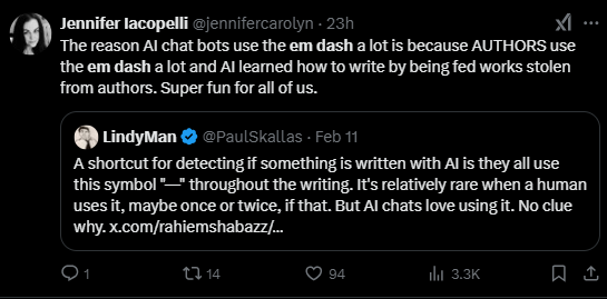 Screenshot of an X post discussing if the em dash is a sign of AI