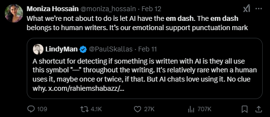 Screenshot of an X post discussing if the em dash is a sign of AI