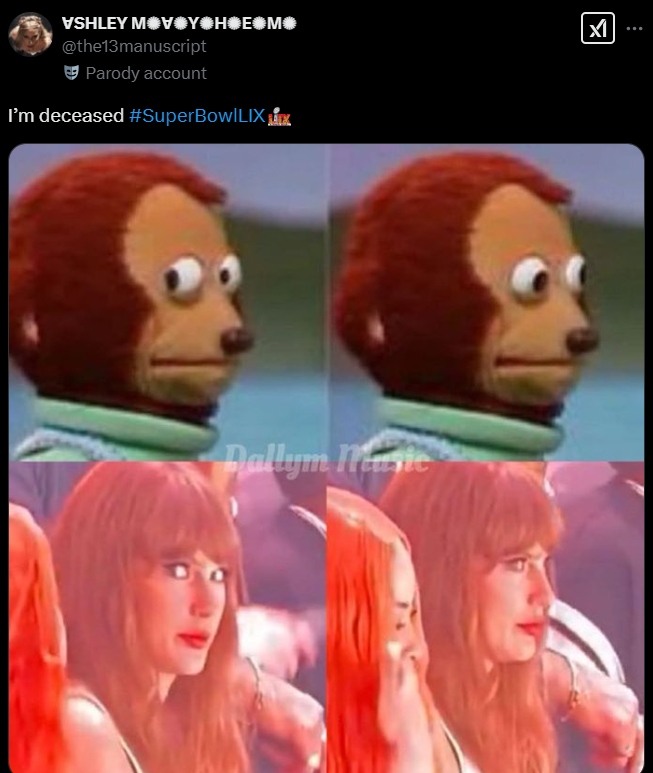 Screenshot from X post of taylor swift and monkey puppet meme