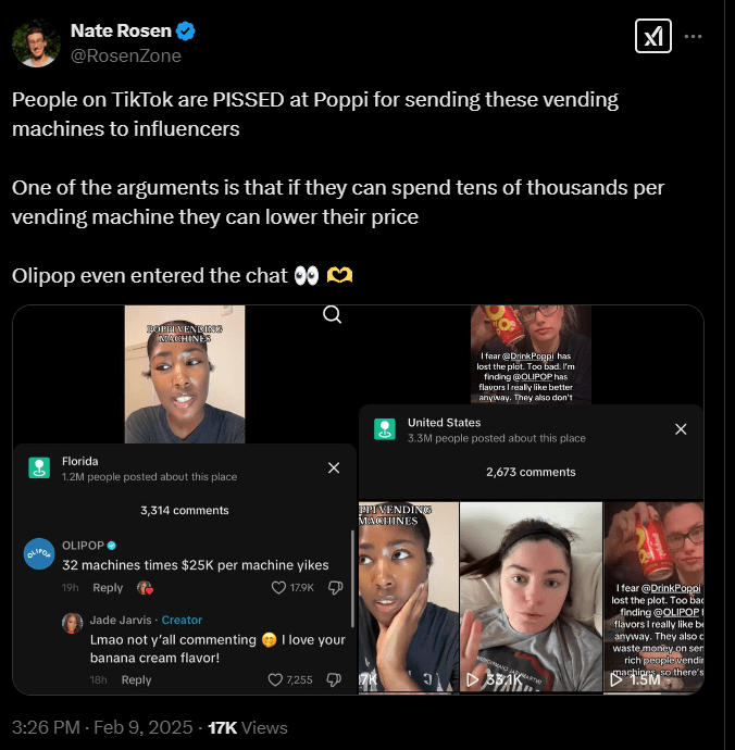 Screenshot from X post discussing poppi soda vending machine