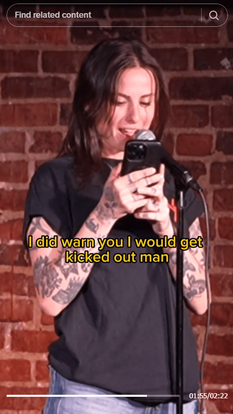 Screenshot of video post by TikTok user natalie cuomo's response to a hackler during a standup set in Washington, D.C.