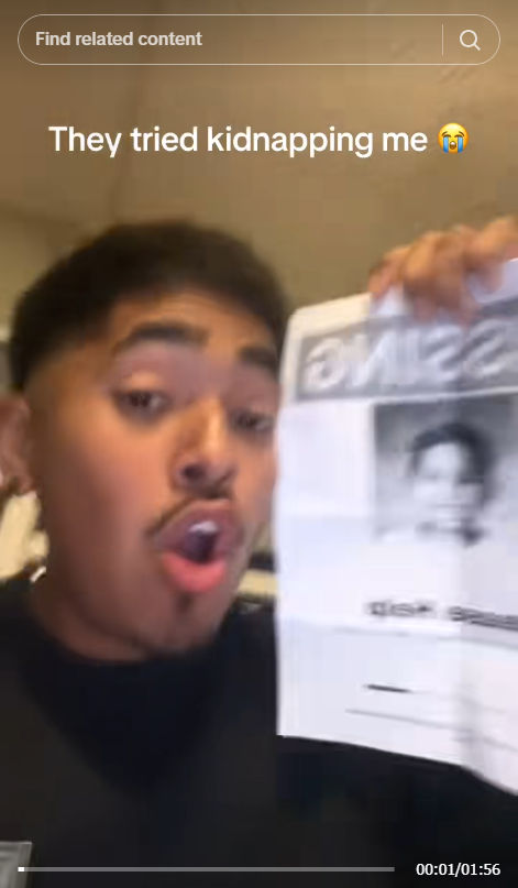 Screenshot from tiktok video of adrian peru kidnapped
