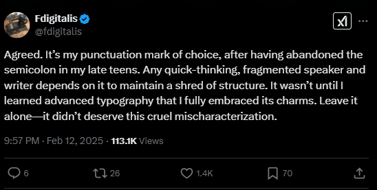 Screenshot of an X post discussing if the em dash is a sign of AI