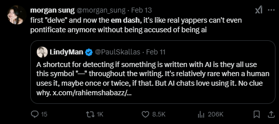 Screenshot of an X post discussing if the em dash is a sign of AI