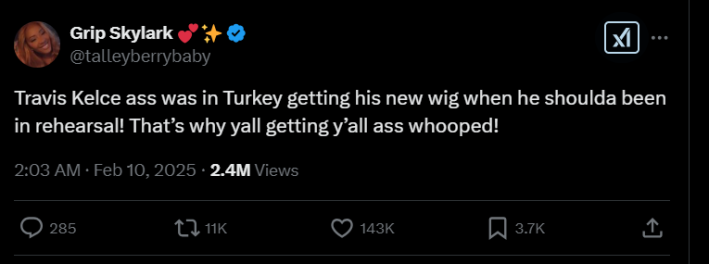 Screenshot from X post discussing travis kelce hair transplant