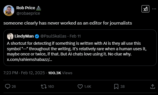 Screenshot of an X post discussing if the em dash is a sign of AI