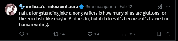 Screenshot of an X post discussing if the em dash is a sign of AI