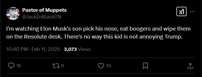 Screenshot from X discussing elon musk son in oval office