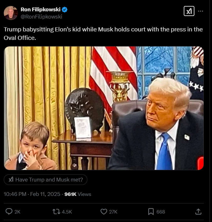 Screenshot from X discussing elon musk son in oval office