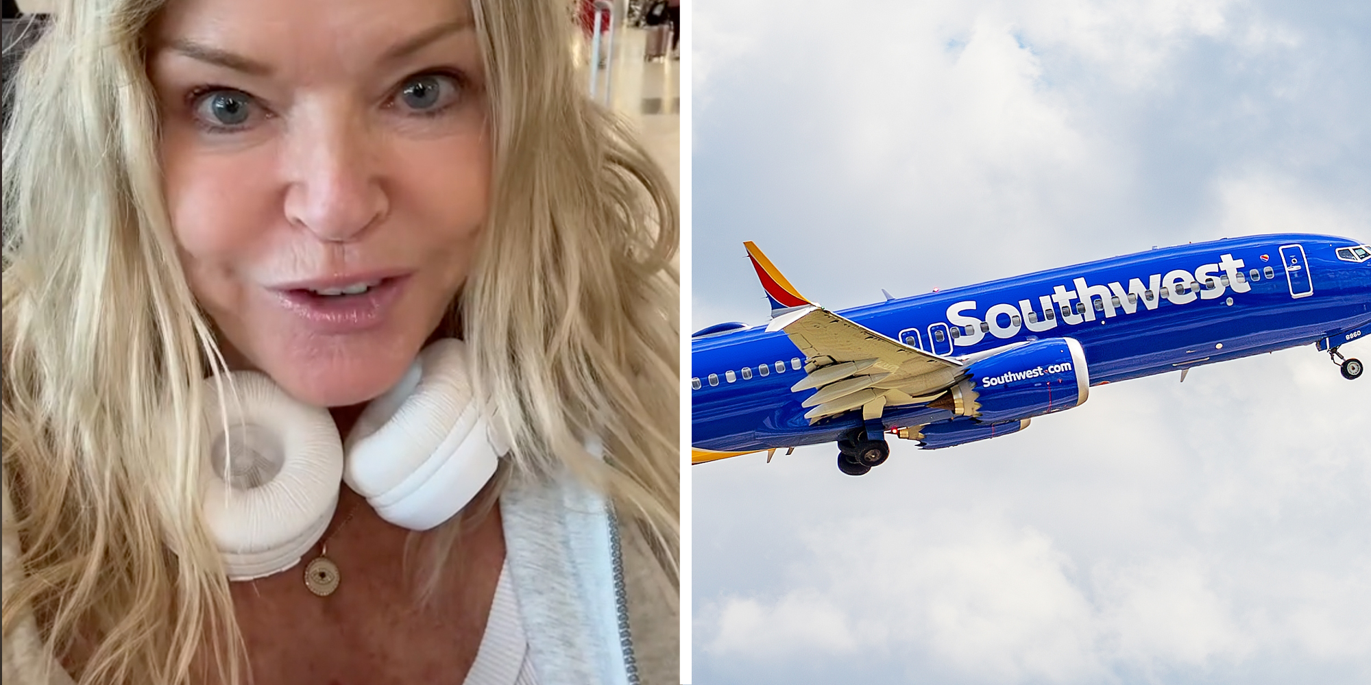 Woman talking(l), Southwest airplane in the sky(r)