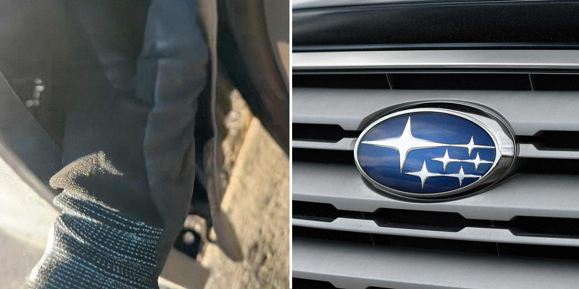Split image. Someone's gloved hand peeking into mechanics of car on the left. Subaru logo on car on the right.