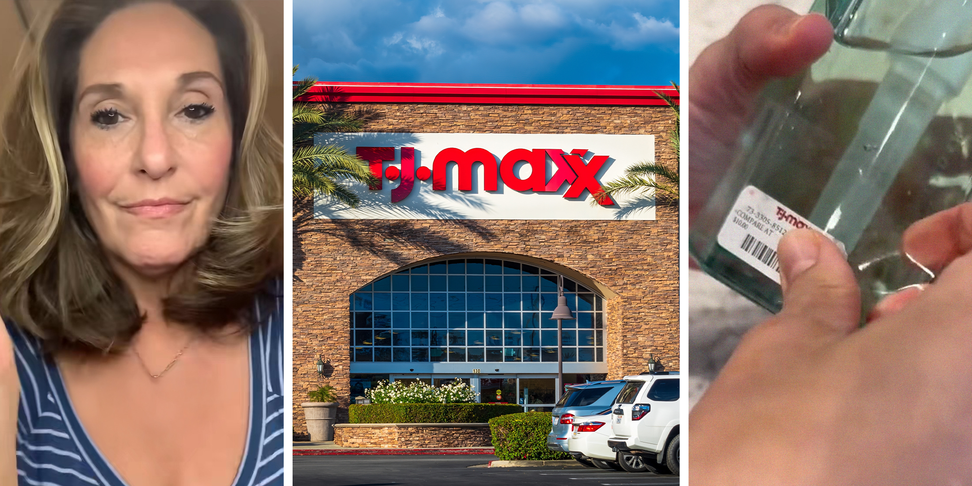 woman shares sticker hack(l) Tj Maxx store front(c) TJ Maxx sticker(r)