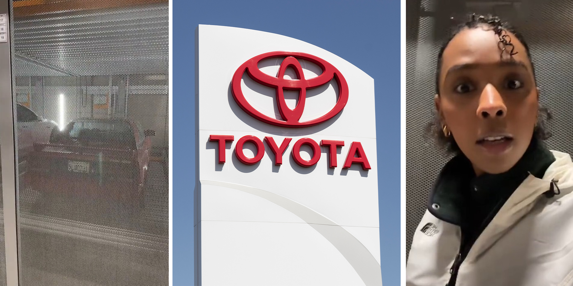 Parking Garage(l) Toyota Dealer Sign(c) Woman looking shocked(r)