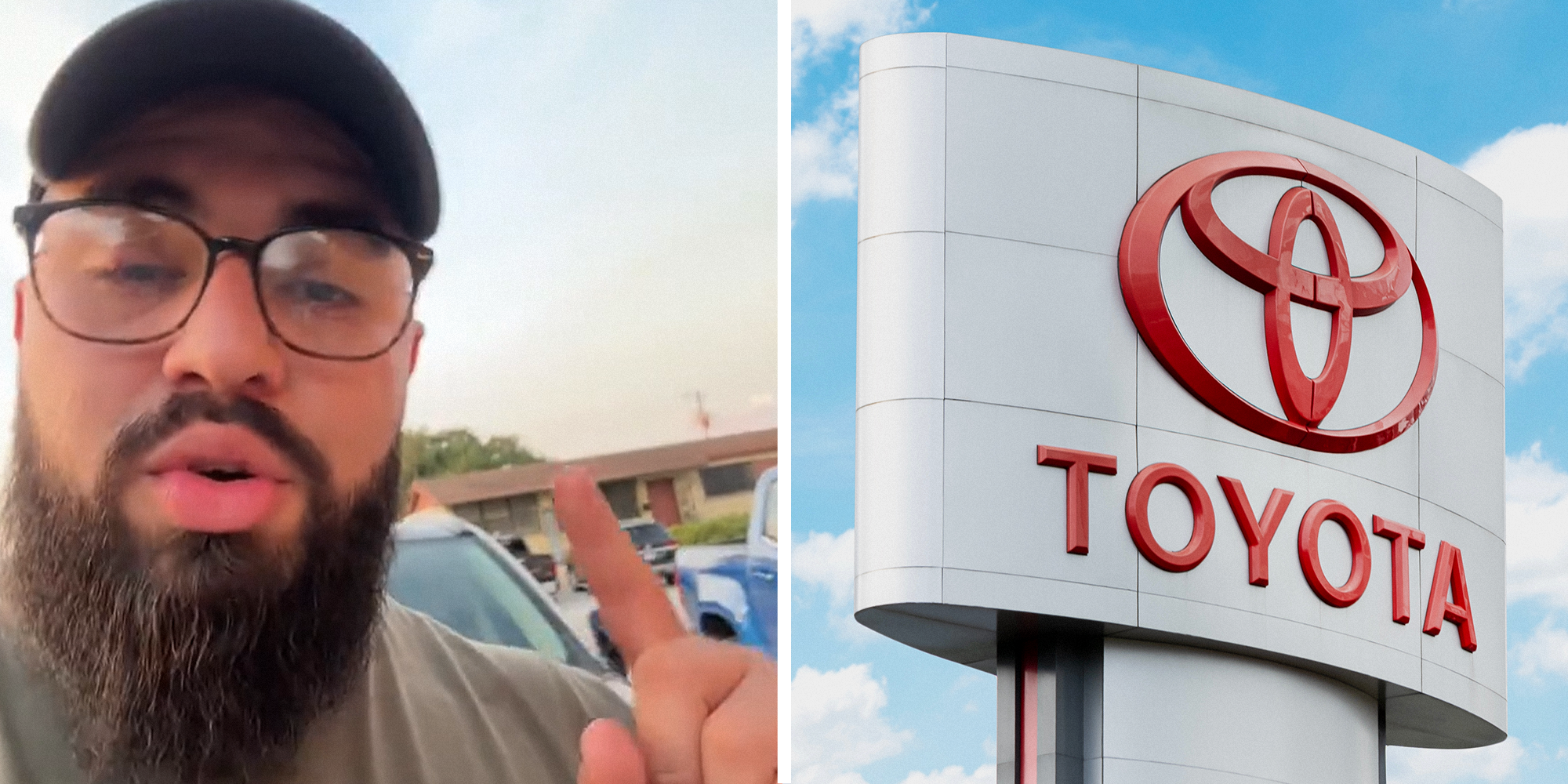 Split image, person explaining their experience at Toyota on the left. Sign of Toyota dealership on right.