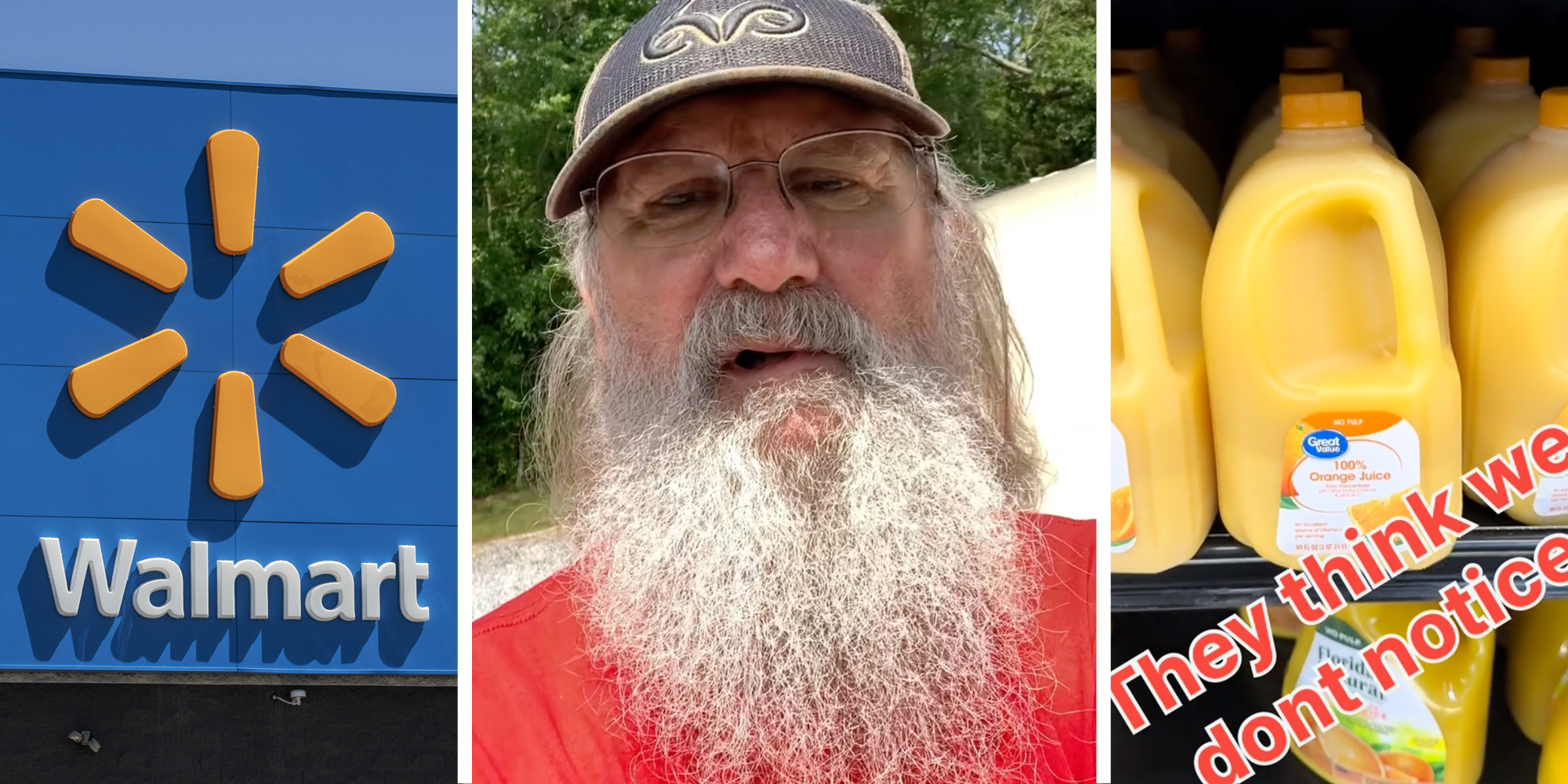 Walmart sign(l), Man talking(c), Orange juice cartons with text "they think we dont notice"(r)