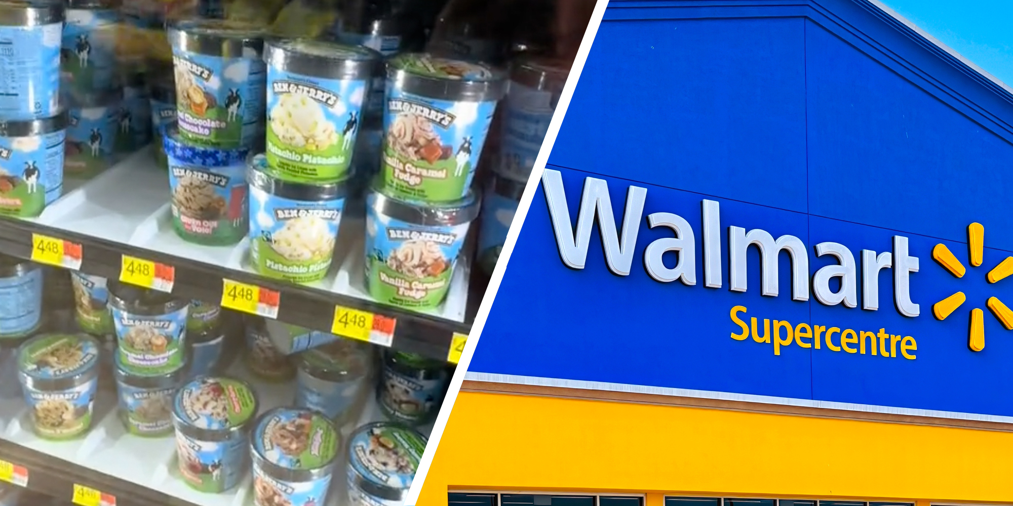 Ben & Jerry's ice cream cartons in freezer(l), Walmart store(r)